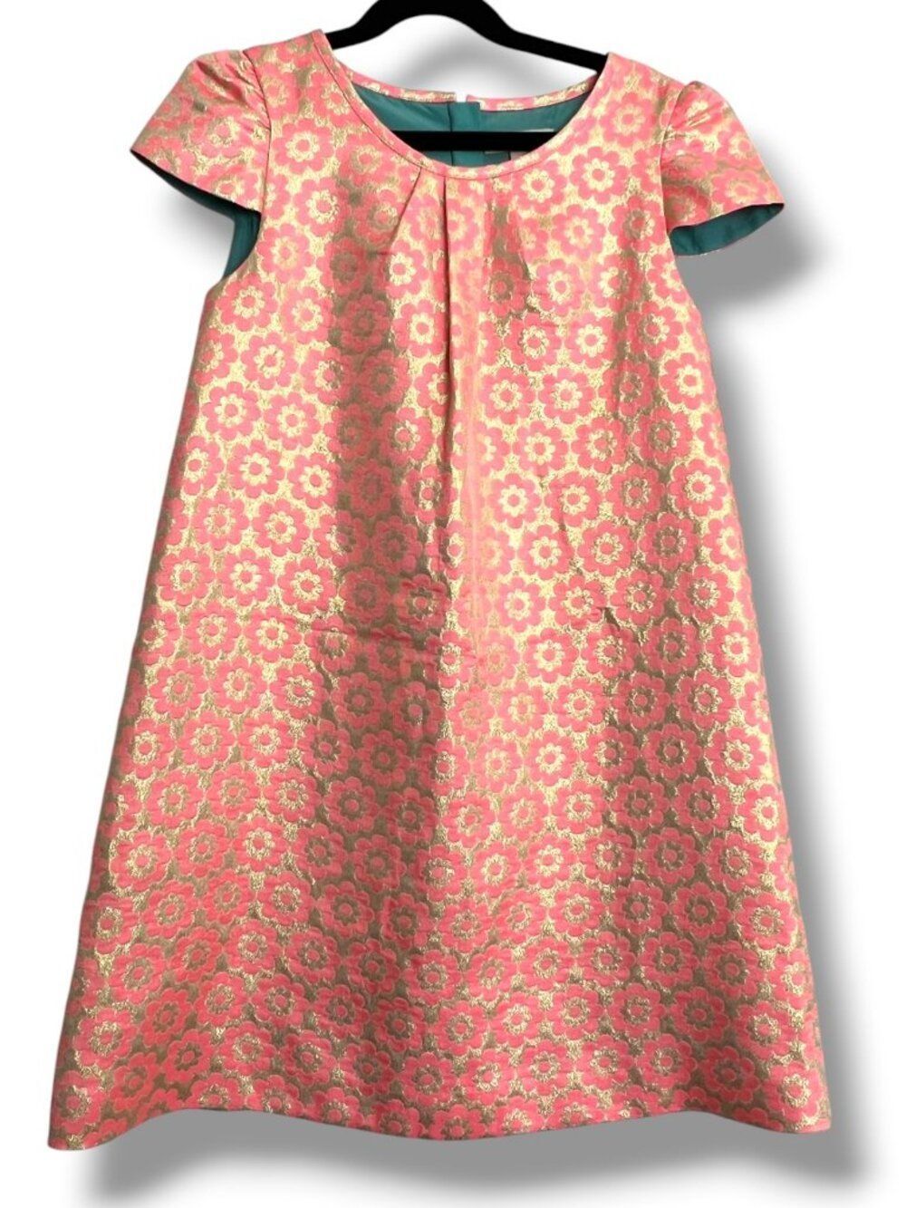 Mini Boden Girls Metallic Floral Jacquard Demask Party Dress Gold & Pink 9-10Y